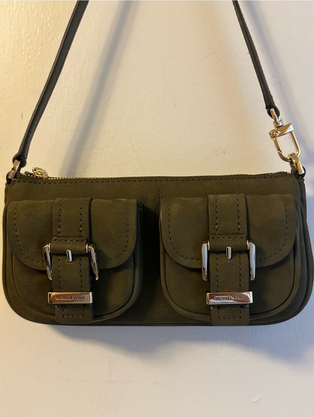 Michael Kors Olive Green Leather Double-Pocket Mini Shoulder Bag